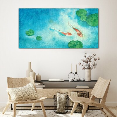 Tableau en verre Koi dans l'eau bleue