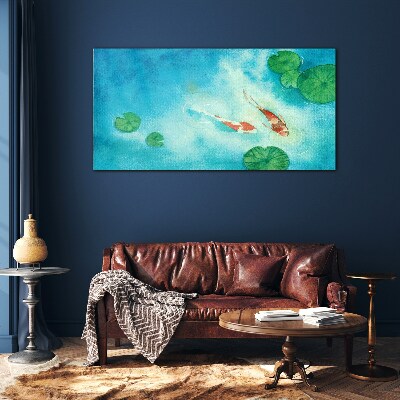 Tableau en verre Koi dans l'eau bleue
