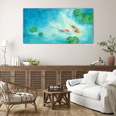 Tableau en verre Koi dans l'eau bleue