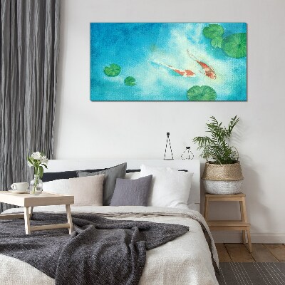 Tableau en verre Koi dans l'eau bleue