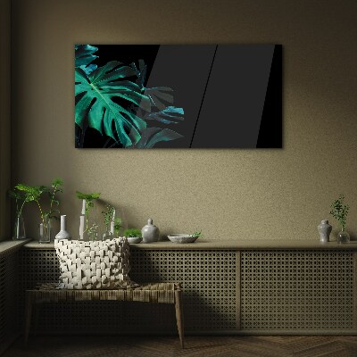 Tableau imprimé sur verre Feuilles vertes sur fond noir