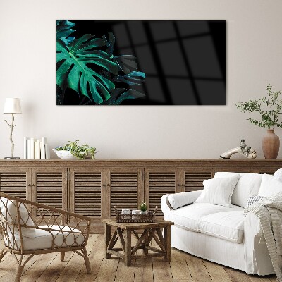 Tableau imprimé sur verre Feuilles vertes sur fond noir