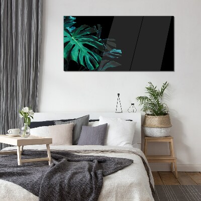 Tableau imprimé sur verre Feuilles vertes sur fond noir