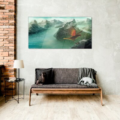 Tableau verre imprimé Aigle au-dessus d'un lac de montagne