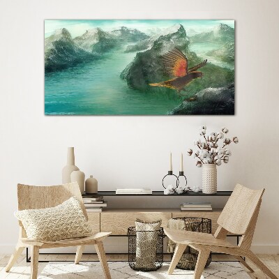 Tableau verre imprimé Aigle au-dessus d'un lac de montagne