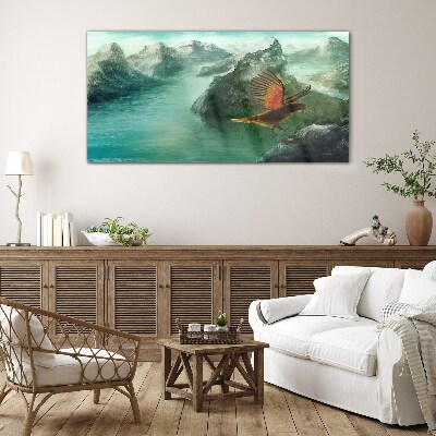 Tableau verre imprimé Aigle au-dessus d'un lac de montagne