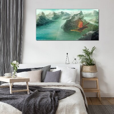 Tableau verre imprimé Aigle au-dessus d'un lac de montagne