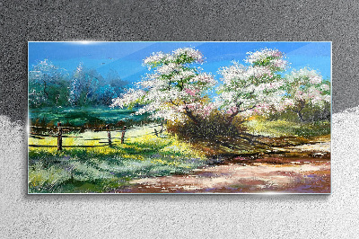 Tableau imprimé sur verre Paysage printanier avec des arbres en fleurs