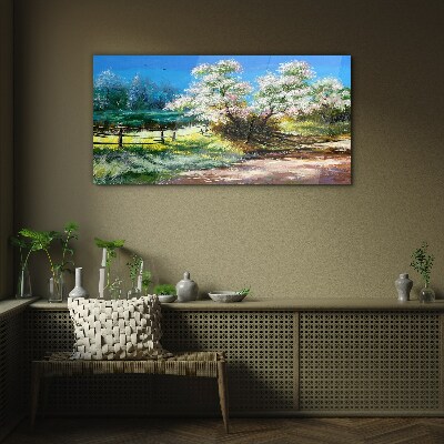 Tableau imprimé sur verre Paysage printanier avec des arbres en fleurs
