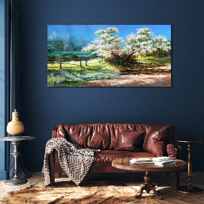 Tableau imprimé sur verre Paysage printanier avec des arbres en fleurs
