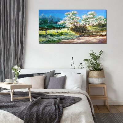 Tableau imprimé sur verre Paysage printanier avec des arbres en fleurs