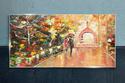 Tableau en verre Allée d'automne avec parapluies