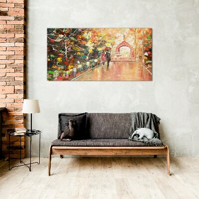 Tableau en verre Allée d'automne avec parapluies