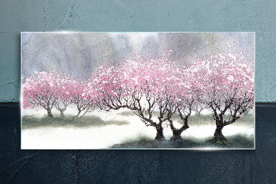 Tableau imprimé sur verre Arbres en fleurs dans la brume printanière