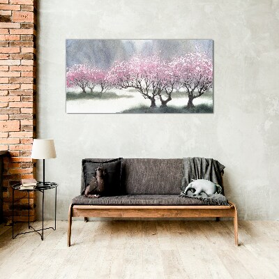 Tableau imprimé sur verre Arbres en fleurs dans la brume printanière