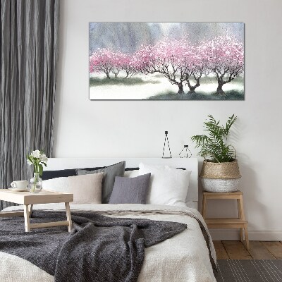 Tableau imprimé sur verre Arbres en fleurs dans la brume printanière