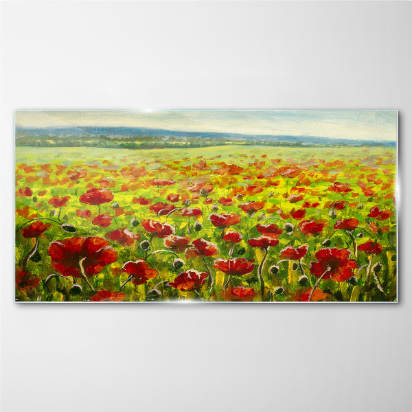 Tableau verre imprimé Un champ de coquelicots au soleil