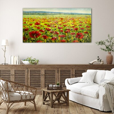 Tableau verre imprimé Un champ de coquelicots au soleil
