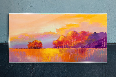 Tableau sur verre Coucher de soleil coloré sur la prairie