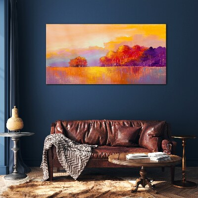 Tableau sur verre Coucher de soleil coloré sur la prairie