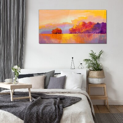 Tableau sur verre Coucher de soleil coloré sur la prairie