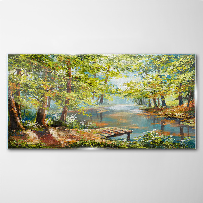 Tableau sur verre Un paysage forestier paisible au bord du lac