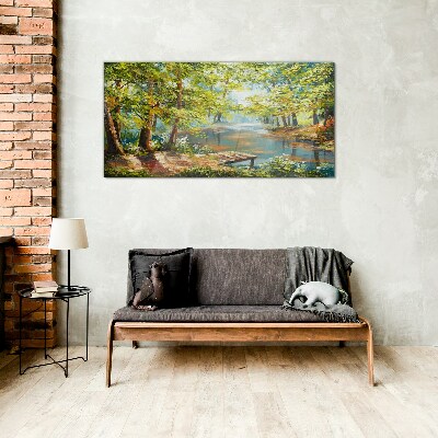 Tableau sur verre Un paysage forestier paisible au bord du lac