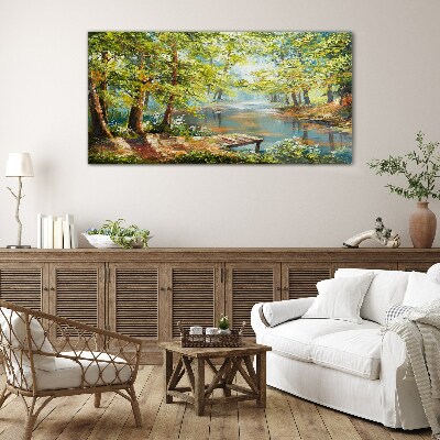 Tableau sur verre Un paysage forestier paisible au bord du lac