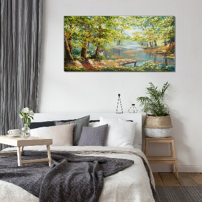 Tableau sur verre Un paysage forestier paisible au bord du lac