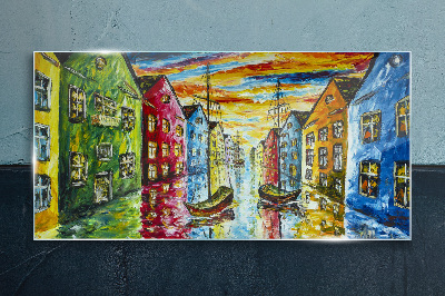 Tableau imprimé sur verre Maisons colorées au bord de la rivière