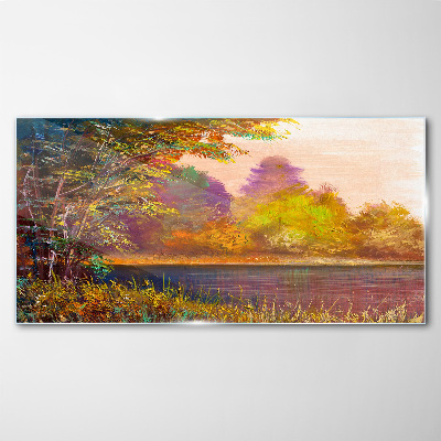 Tableau sur verre Couleurs d'automne au bord du lac