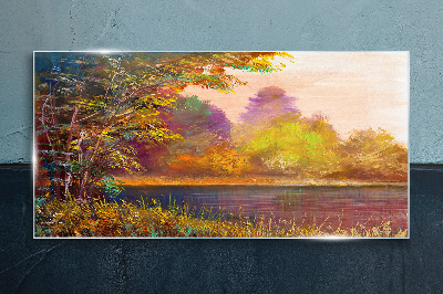 Tableau sur verre Couleurs d'automne au bord du lac
