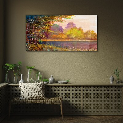 Tableau sur verre Couleurs d'automne au bord du lac
