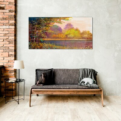 Tableau sur verre Couleurs d'automne au bord du lac