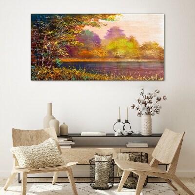Tableau sur verre Couleurs d'automne au bord du lac