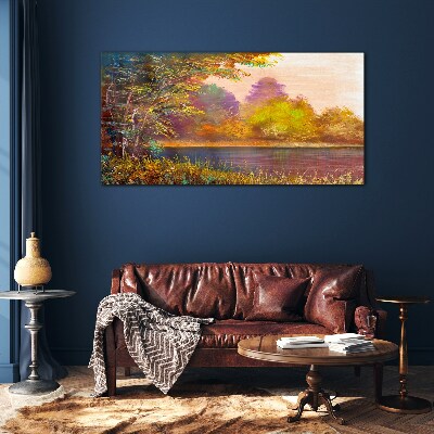 Tableau sur verre Couleurs d'automne au bord du lac