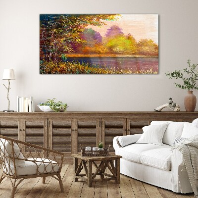 Tableau sur verre Couleurs d'automne au bord du lac