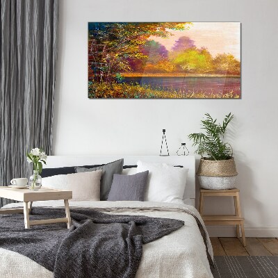 Tableau sur verre Couleurs d'automne au bord du lac