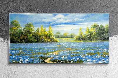 Tableau verre imprimé Paysage de printemps avec des fleurs bleues
