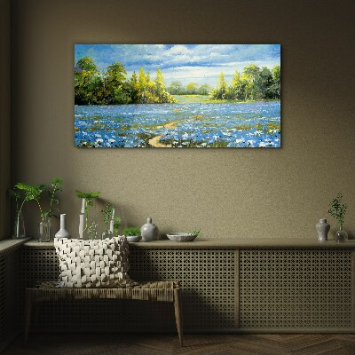Tableau verre imprimé Paysage de printemps avec des fleurs bleues