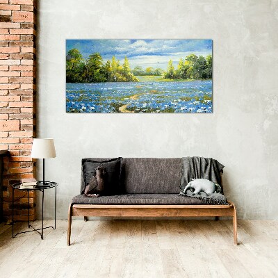 Tableau verre imprimé Paysage de printemps avec des fleurs bleues