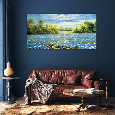 Tableau verre imprimé Paysage de printemps avec des fleurs bleues