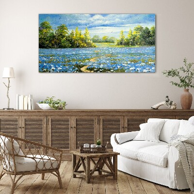 Tableau verre imprimé Paysage de printemps avec des fleurs bleues