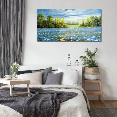 Tableau verre imprimé Paysage de printemps avec des fleurs bleues