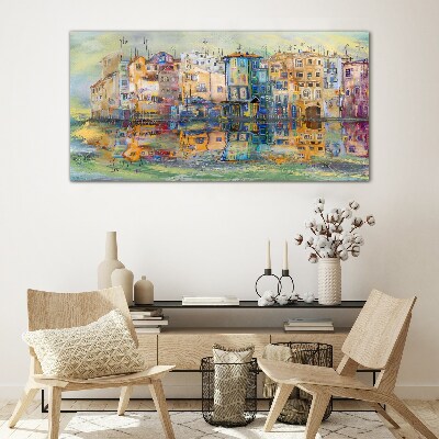 Tableau verre imprimé Une ville colorée au bord de l'eau