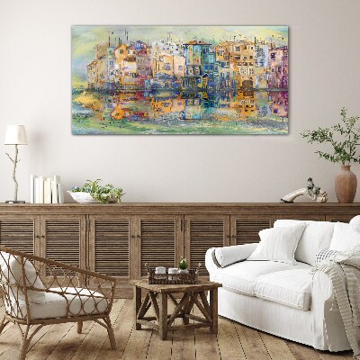 Tableau verre imprimé Une ville colorée au bord de l'eau