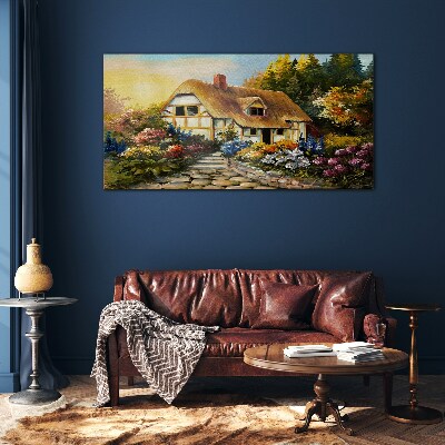 Tableau photo sur verre Un charmant cottage de campagne entouré de fleurs