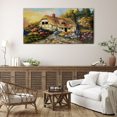 Tableau photo sur verre Un charmant cottage de campagne entouré de fleurs