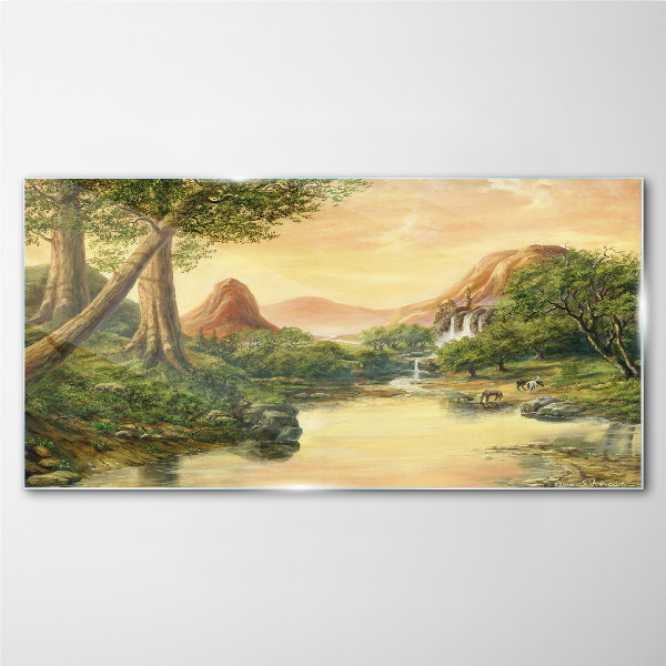 Tableau sur verre Un paysage paisible avec une rivière et des arbres