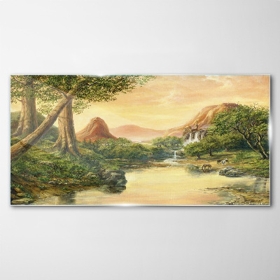 Tableau sur verre Un paysage paisible avec une rivière et des arbres